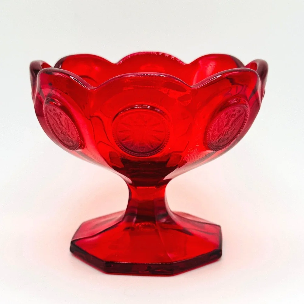 Fostoria Coin Glass Ruby Red Footed Compote Candy Dish UV Reactive Vintage